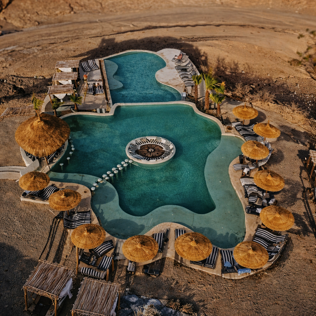 Viral Be Agafay luxury desert pool day pass near Marrakech with sunbeds and Atlas Mountain views