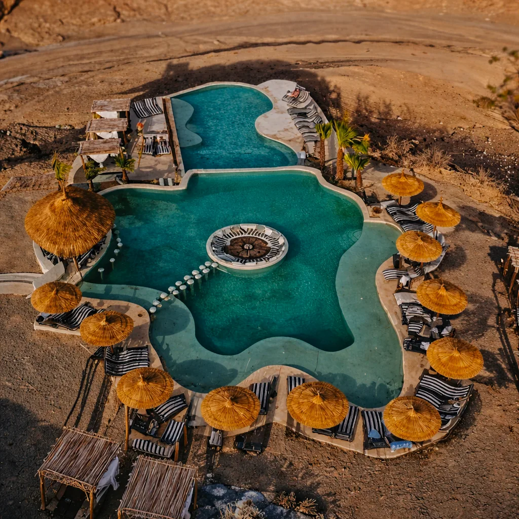 Viral Be Agafay luxury desert pool day pass near Marrakech with sunbeds and Atlas Mountain views