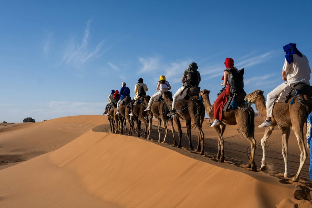 A comparison photo showing the rocky Agafay desert vs Sahara desert for short trips with camels at sunset