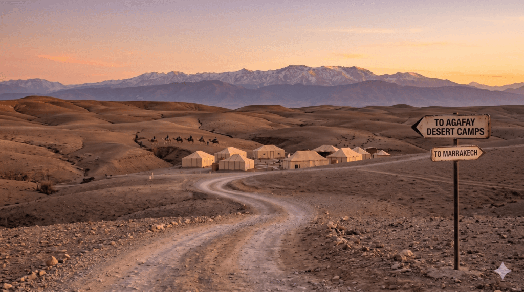 A landscape photograph of the Agafay desert from Marrakech during golden hour, featuring a directional signpost, a winding dirt road, a luxury tented camp, and the distant snow-capped High Atlas Mountains.