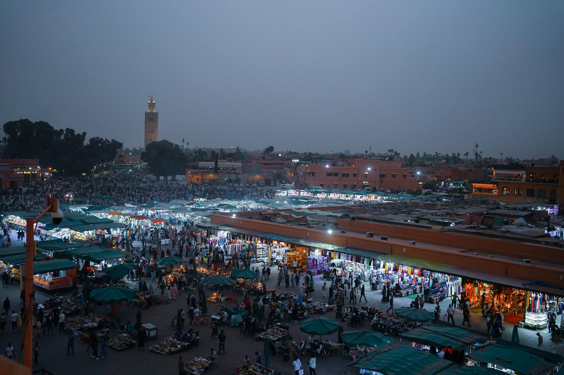 The vibrant sunset crowd and food stalls at Jemaa el-Fnaa Marrakech in Morocco